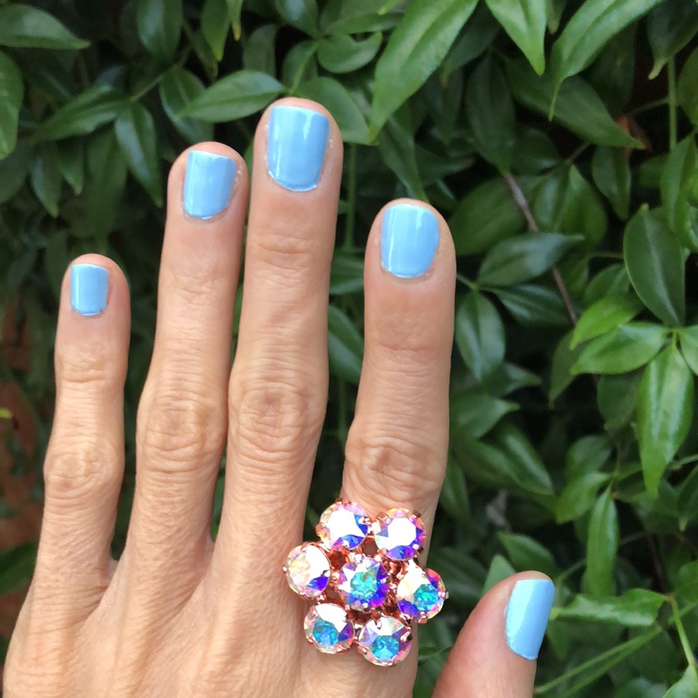 Aurora Borealis + Rose Gold Crystal Flower Statement Cocktail Ring - Picture 7 of 10